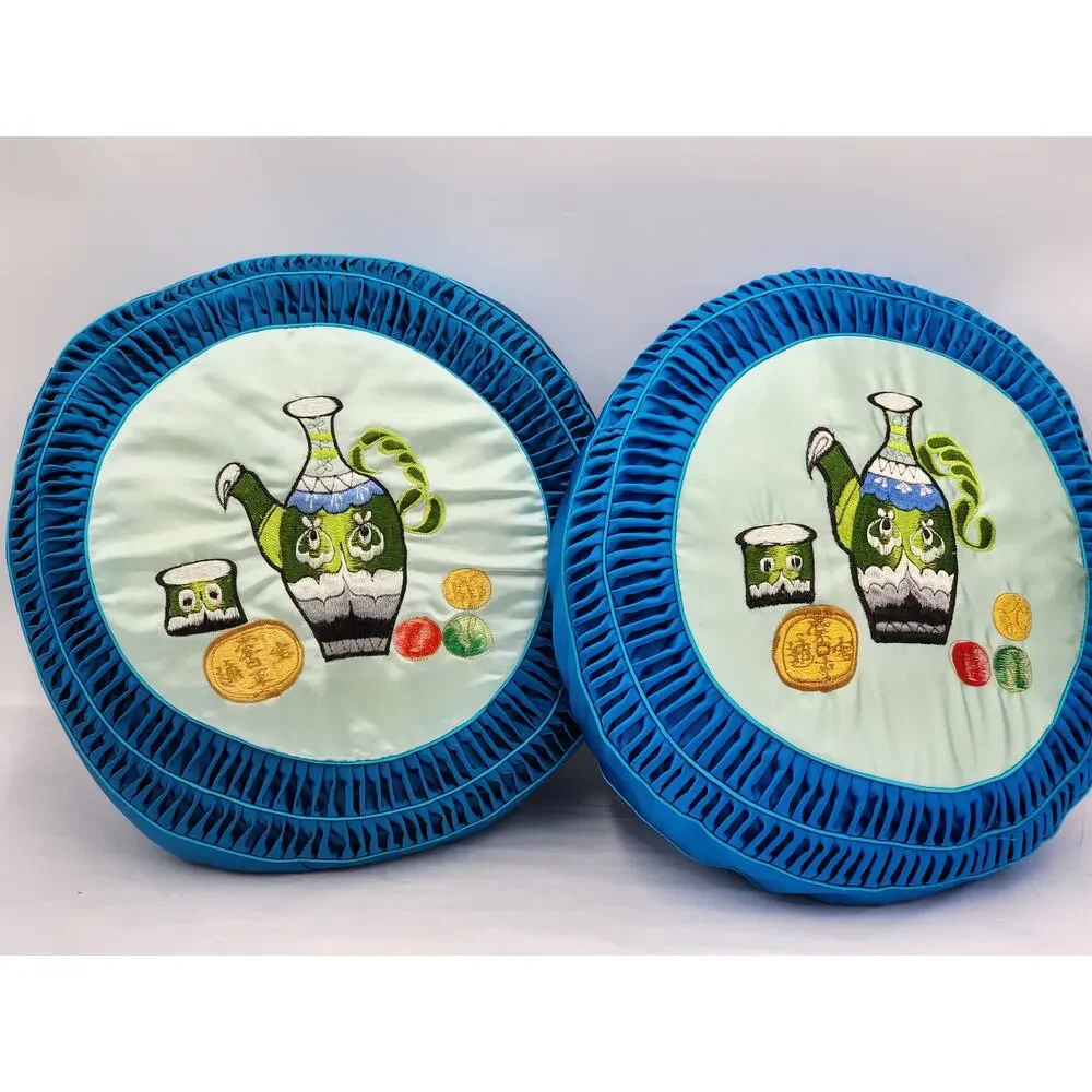 Asian Throw Pillows Pair Embroidered Blue Satin Round Decorative Tea Time